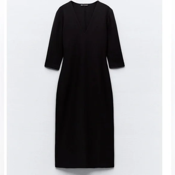 knee length dresses for ladies Zara Open Back Dress Blue Navy Crepe High Neck Long Sleeves Midi Colum   The Thriftanista Closet